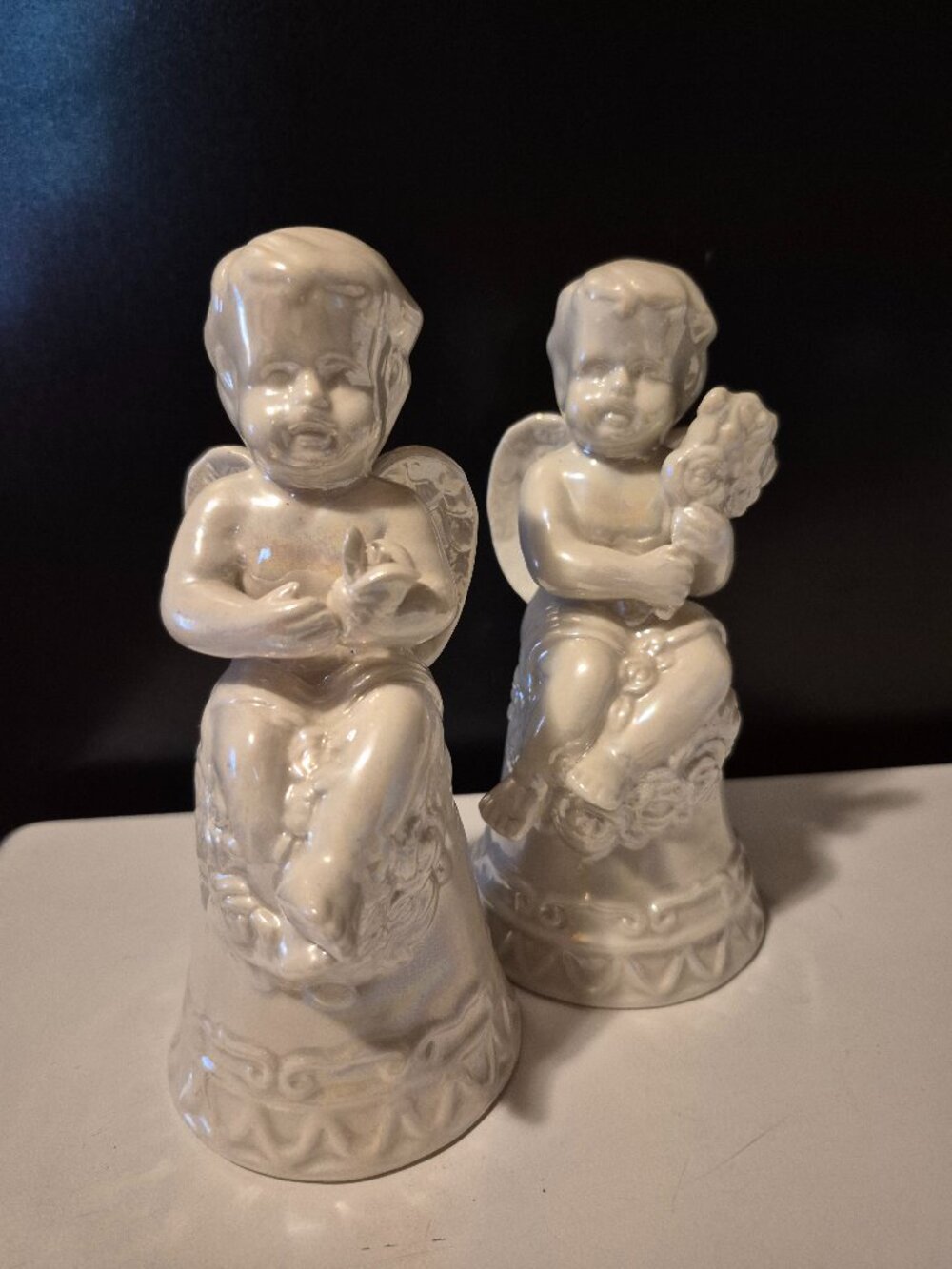 VINTAGE WHITE CERAMIC OR PORCELAIN CHERUB BELLS 6" TALL (SET OF 2)